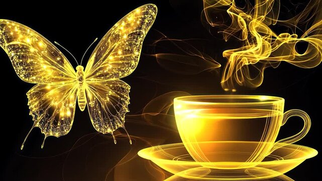 Golden butterfly and teacup with glowing steam