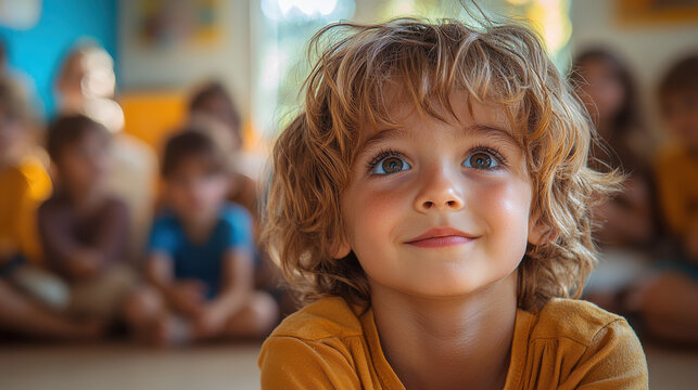 In a sun-drenched kindergarten, young children, eyes wide with wonder, eagerly anticipate the start of their weekly story time session, where they immerse themselves in the magic of words and 