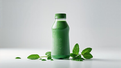 A bottle of green smoothie with a green cap surrounded by fresh green leaves on a white surface