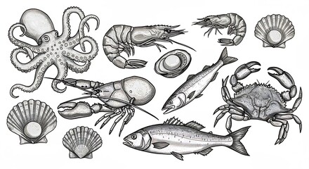 Seafood assortment: A detailed illustration showcasing a diverse array of fresh seafood delicacies, perfect for culinary projects or presentations. Evoking the taste of the ocean.