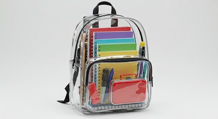 Transparent backpack filled with colorful school supplies on a plain white background