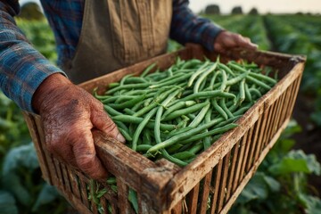 Harvester Carrying Fresh Green Beans in Crate on Farm