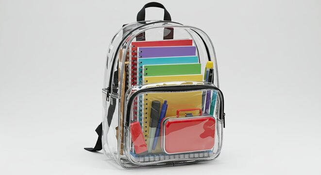 Transparent backpack filled with colorful school supplies on a plain white background