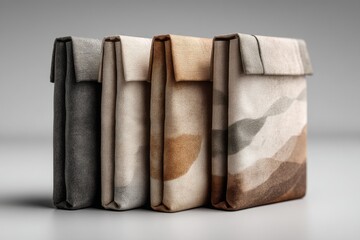 Four Closed Textile Pouches Lined Up on a Plain Background in Soft Studio Lighting