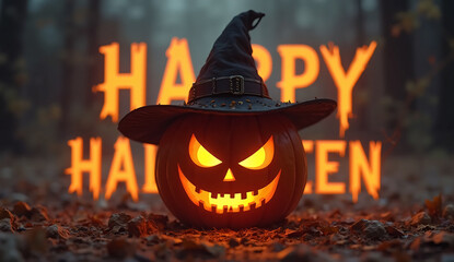 Evil Halloween Pumpkin with Glowing Eyes and Menacing Smile 