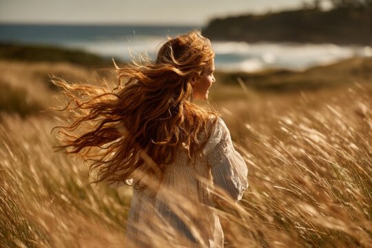 Woman with Flowing Red Hair Standing in a Field of Golden Grass Near the Ocean