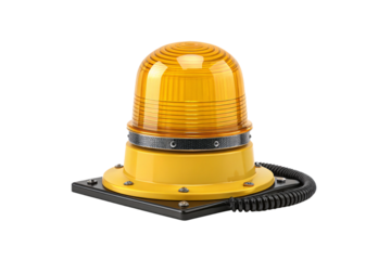 Yellow beacon warning light with ribbed amber dome lens and mounting base for heavy machinery applications, isolated on a transparent background