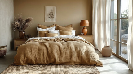 Neutral-toned bedroom with ochre bedding, natural light, wooden elements, and dried floral decor. A calming and cozy setting ideal for themes of modern rustic style and home inspiration.