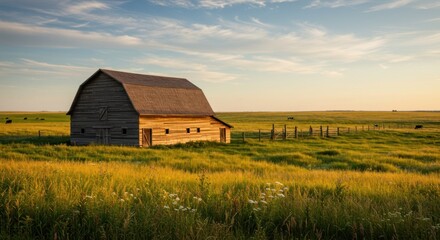 Obraz premium Golden barn stands serenely in prairie light