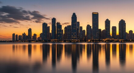 Fototapeta premium Golden cityscape mirrored in calm water