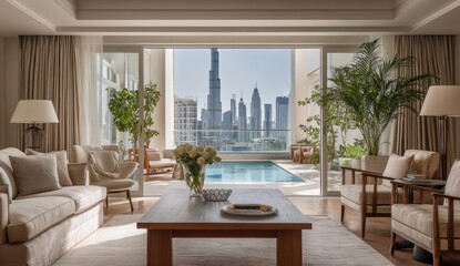 Obraz premium Living area with Dubai skyline and pool