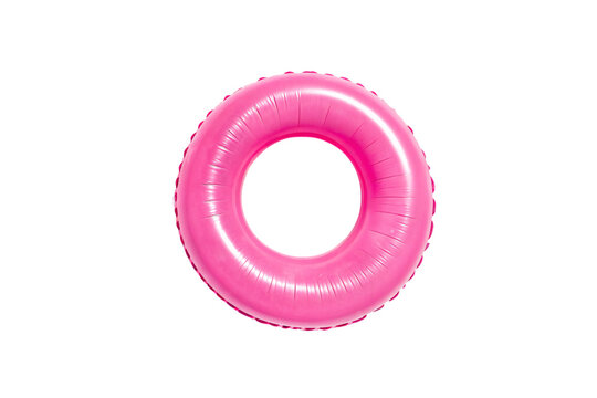 Bright pink inflatable swimming ring with ribbed texture designed for pool activities and water recreation, isolated on a transparent background