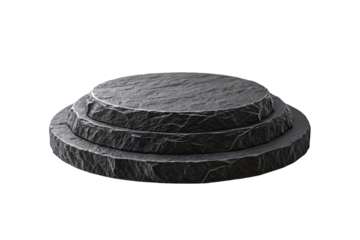 Three-tiered circular black stone platform with natural slate texture creating elegant stepped display base for presentations, isolated on a transparent background