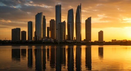 Fototapeta premium Golden cityscape reflects in tranquil water