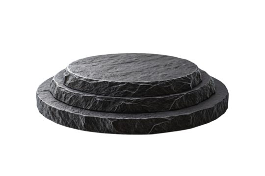 Three-tiered circular black stone platform with natural slate texture creating elegant stepped display base for presentations, isolated on a transparent background