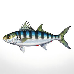 Detailed illustration of a mackerel fish showcasing striking blue and silver markings on a clean white background