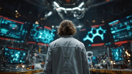 A scientist observing molecular structures in a futuristic laboratory setting