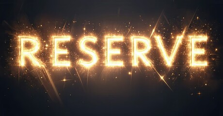 Bright golden text spells RESERVE against dark background. Sparkling light radiates from letters, creating dramatic effect.