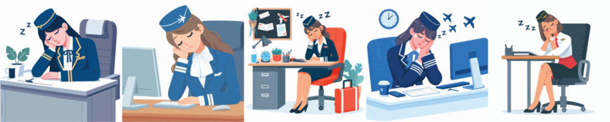 vector flight attendant sleeping at work desk