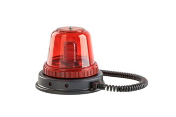 Red emergency beacon light with rotating dome and coiled power cord, isolated on a transparent background