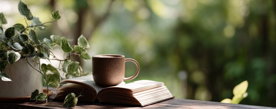 Relaxing reading with coffee and books in a lush garden setting