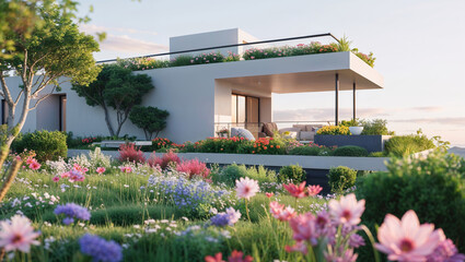 Modern house with a rooftop garden featuring a variety of colorful flowers and lush greenery around it