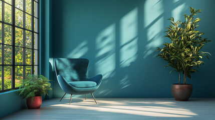 Minimalist interior with a teal lounge chair, two potted green plants, blue-green wall, large window with natural light, and soft shadows cast across the light wood floor