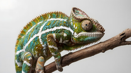 Obraz premium Colorful chameleon perched on a branch, displaying intricate textures and vibrant green and yellow patterns against a neutral background.