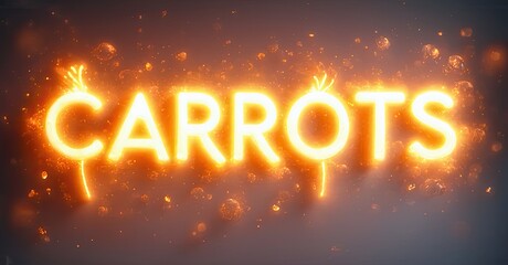 Bright text spells carrots with glowing orange effects. Dark background enhances visual impact, creating vibrant display.