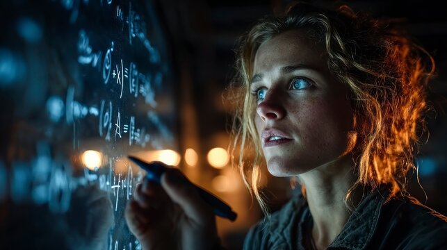 Concentrated Individual Solving Complex Mathematical Equations on a Chalkboard in a Dimly Lit R