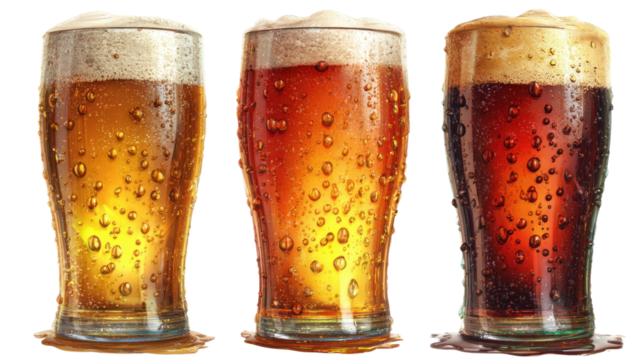 Variety of Beers: A captivating trio of chilled beer glasses, each showcasing a unique shade of golden amber, is ready to quench thirst and enhance any design or project. Perfect for beverages.