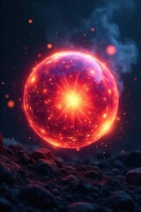 Obraz premium Close-up of a glowing, pulsating orb, radiating vibrant energy; symbolic of raw, untamed power and the source of all things , light, nuclear, force