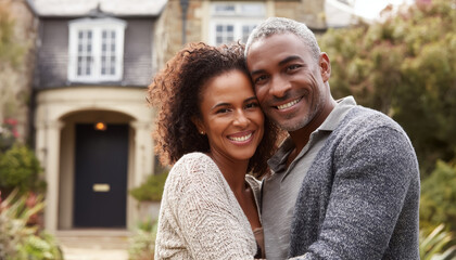 Couple embracing in front of new home family neighborhood lifestyle