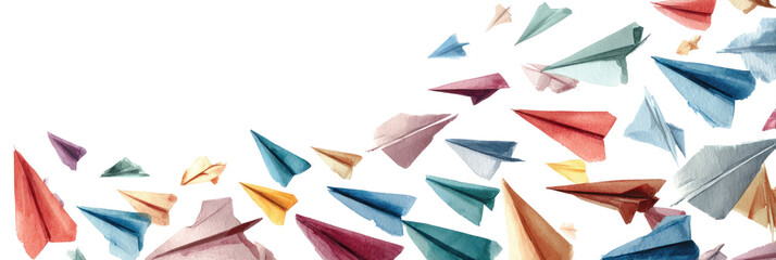 Obraz premium Paper Airplane Dreams: A vibrant array of colorful paper airplanes take flight, symbolizing freedom, dreams, and the boundless potential of imagination.