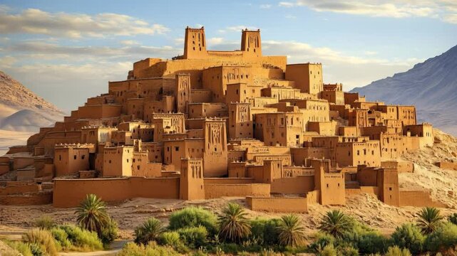 Ancient earthen buildings clustered on a hillside in a desert landscape with palm trees in the foreground.