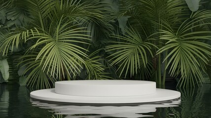 Obraz premium Beige archway pedestal display with tropical foliage for product presentation