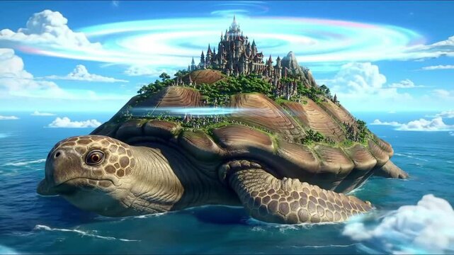 Giant Turtle Carries a Fantastical Castle on Its Back in a Vibrant Ocean Landscape