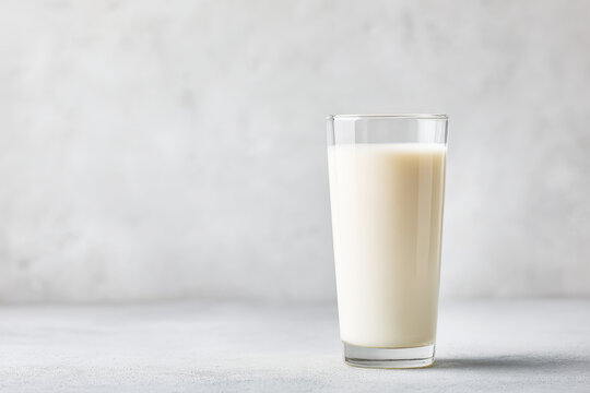 minimalist photograph featuring glass of fresh milk on left side of clean light gray background