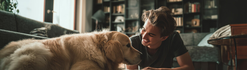 Young man enjoys affectionate moment with dog at home interior