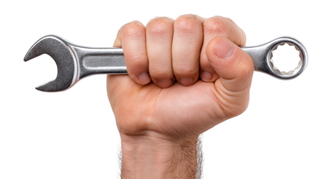 Hand and Wrench: A firm hand grips a gleaming wrench, symbolizing precision, problem-solving, and the application of skill.