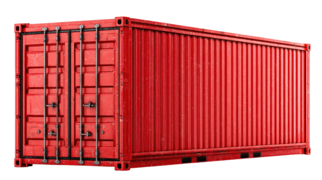 Red Cargo Container: A vibrant, red cargo container stands prominently, ready for international trade and global shipping, an emblem of commerce, travel and industry.