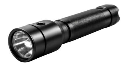 Powerful Illumination: An intense, close-up view of a sleek, black flashlight emitting a bright beam of light, evoking the feeling of preparedness and exploration.