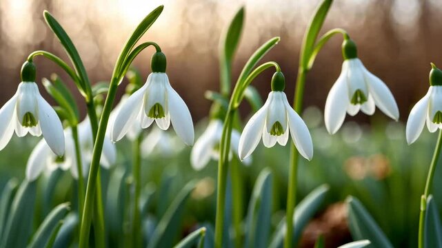 Close up of a group of snowdrop flowers, blooming in early spring, a symbol of new life and the change of season, footage. seamless loop
