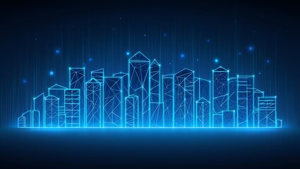 Obraz premium Futuristic Cityscape Digital Skyline, Networked Urban Structures, Glowing Lines, Abstract City Design, Modern Architecture, Technology, Innovation