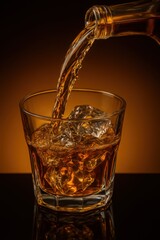 A pour of whiskey into a glass filled with ice creating an appetizing refreshing drink close up shot