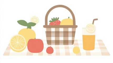 Fruits lemons, strawberry, apple in basket, juice, on checkered mat