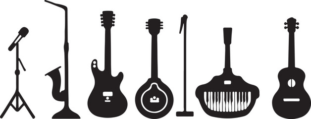 musical instrument silhouette, music vector icon, instrument clipart, sound equipment outline, guitar silhouette, piano keys shape, violin shadow image, trumpet vector design,