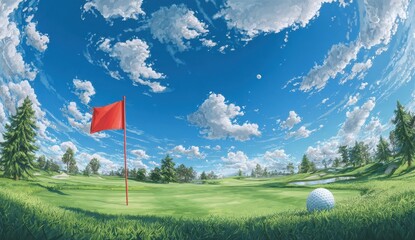 Golf course with ball and red flag
