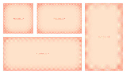 Warm coral halftone dot vignette backgrounds with soft gradients. Rounded frames in 1:1, 3:2, 21:9, 9:16. Ideal for digital design, UI, mobile apps or stylish minimalist posters. Retro styled designs