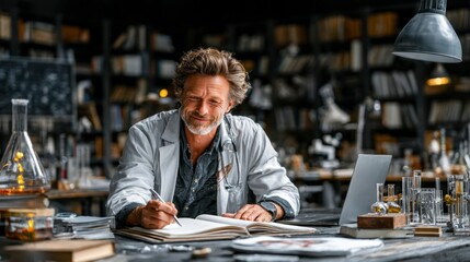 Fototapeta premium Scientist in Lab Coat Writing Notes Surrounded by Books and Chemicals Focused on Research and